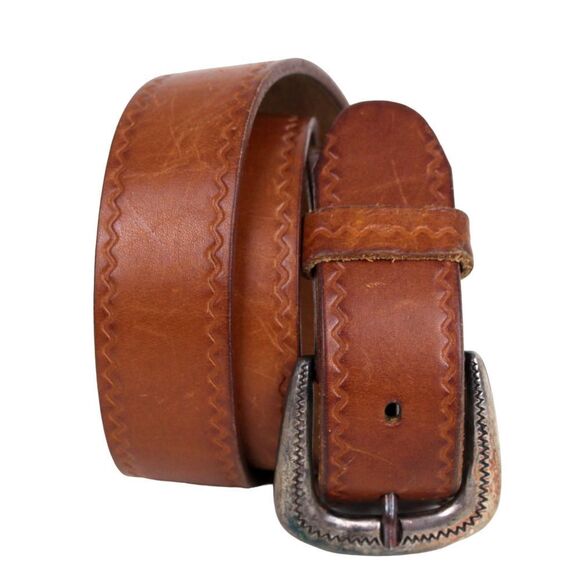 TOOLED SADDLE BROWN GENUINE LEATHER 1.25"Wd CASUAL DRESS MEN'S BELT Sz 30 (82M - Picture 1 of 11